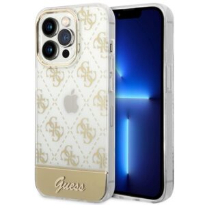 Guess dėklas iPhone 14 Pro – auksinis, 4G Pattern Script