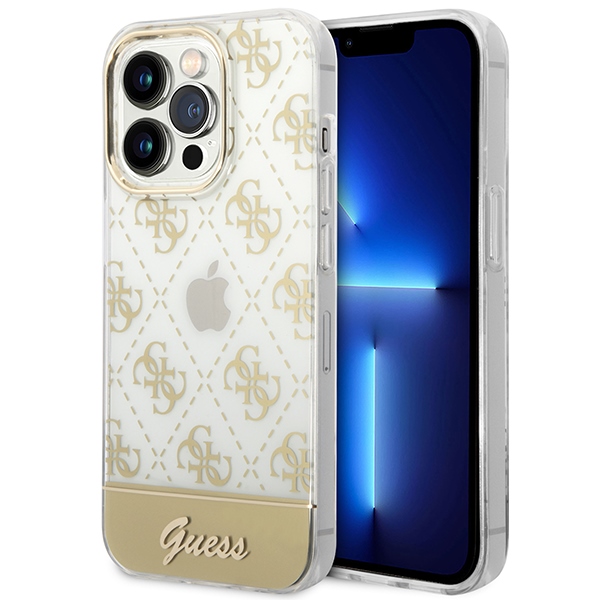 Guess dėklas iPhone 14 Pro – auksinis, 4G Pattern Script