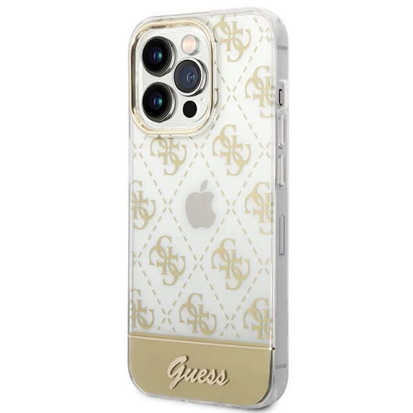 Guess dėklas iPhone 14 Pro – auksinis, 4G Pattern Script