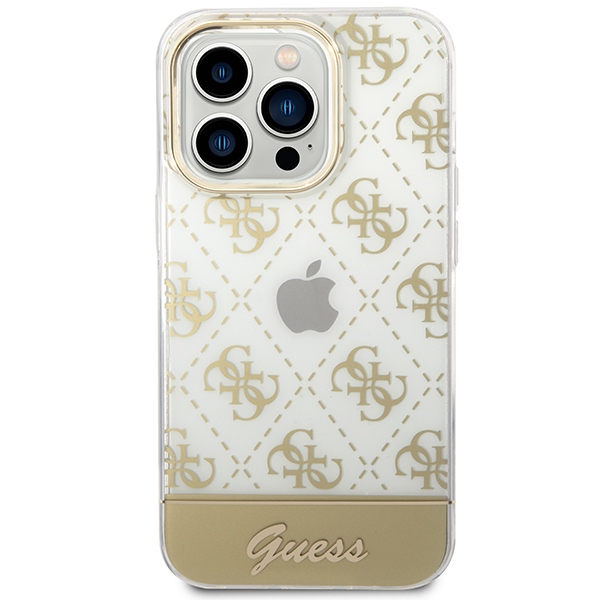 Guess dėklas iPhone 14 Pro – auksinis, 4G Pattern Script