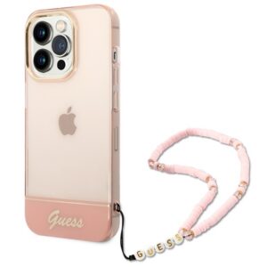 Guess skaidrus dėklas iPhone 14 Pro 6,1" – rožinis su dirželiu
