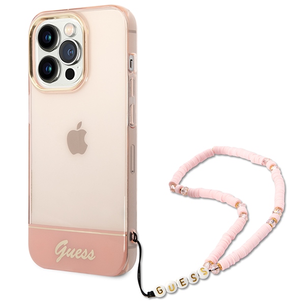 Guess skaidrus dėklas iPhone 14 Pro 6,1" – rožinis su dirželiu