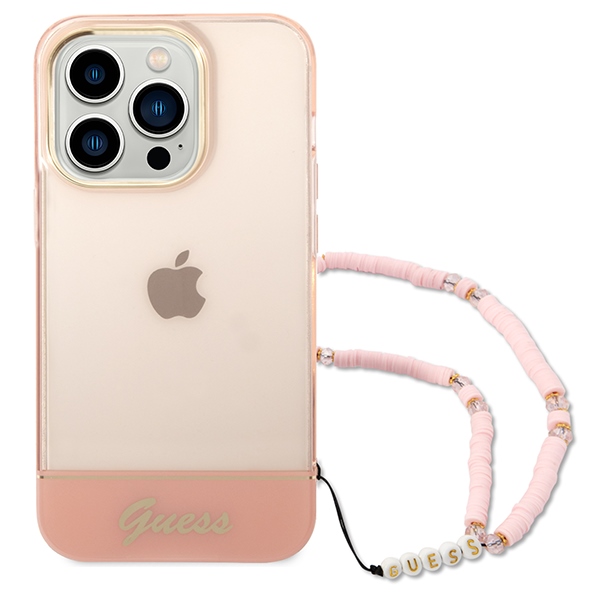 Guess skaidrus dėklas iPhone 14 Pro 6,1" – rožinis su dirželiu