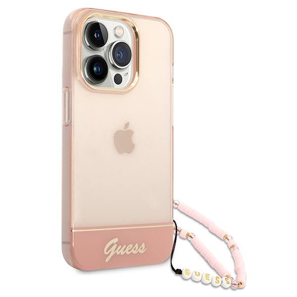 Guess skaidrus dėklas iPhone 14 Pro 6,1" – rožinis su dirželiu