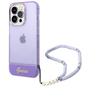 Guess skaidrus dėklas iPhone 14 Pro su dirželiu – violetinis