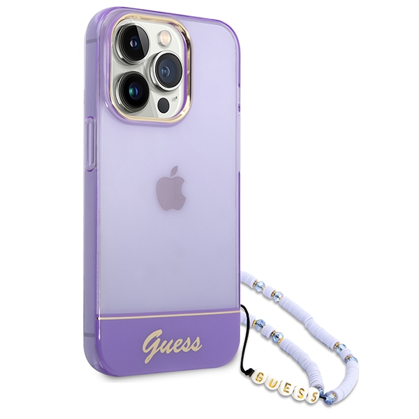 Guess skaidrus dėklas iPhone 14 Pro su dirželiu – violetinis