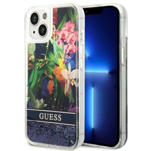 Guess dėklas iPhone 14 – mėlynas, Flower Liquid Glitter