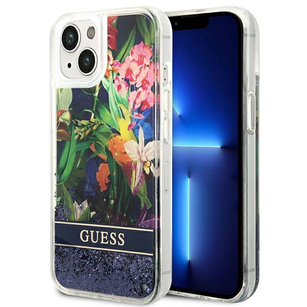Guess dėklas iPhone 14 – mėlynas, Flower Liquid Glitter