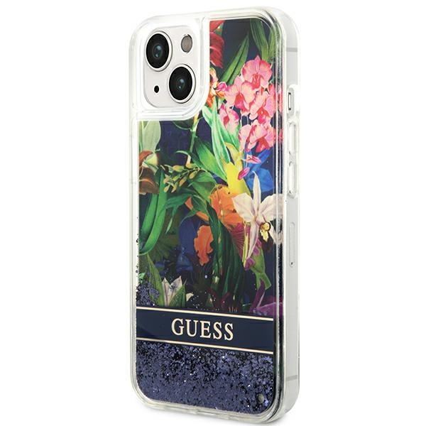Guess dėklas iPhone 14 – mėlynas, Flower Liquid Glitter