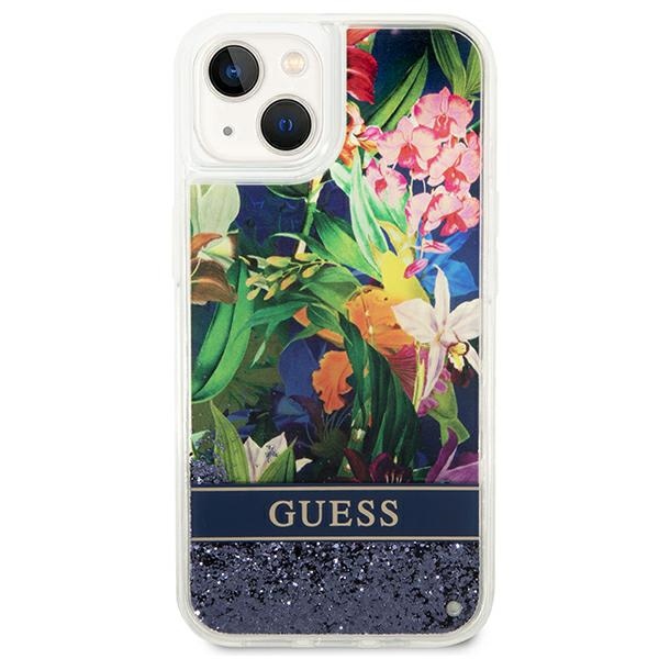 Guess dėklas iPhone 14 – mėlynas, Flower Liquid Glitter