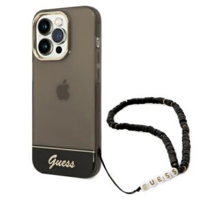 Guess dėklas iPhone 14 Pro Max – juodas, perlų dirželis