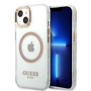 Guess MagSafe dėklas iPhone 13 – skaidrus, auksinės detalės