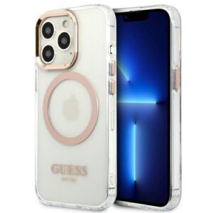 Guess MagSafe dėklas iPhone 13 Pro Max – skaidrus, auksinis rėmelis