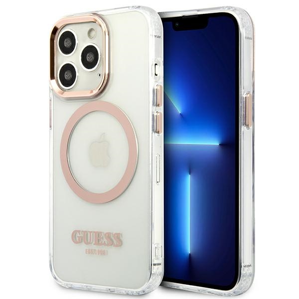 Guess MagSafe dėklas iPhone 13 Pro Max – skaidrus, auksinis rėmelis