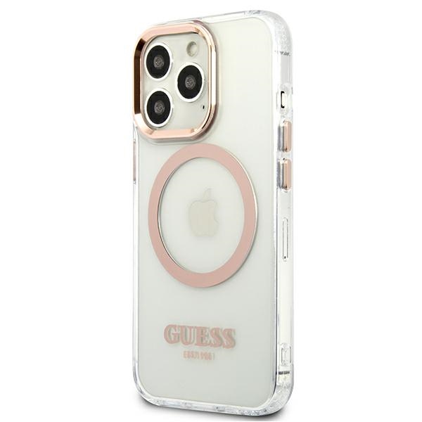 Guess MagSafe dėklas iPhone 13 Pro Max – skaidrus, auksinis rėmelis