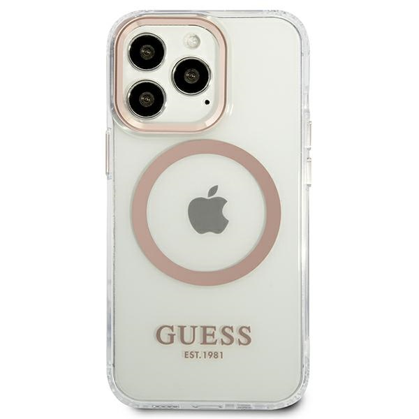 Guess MagSafe dėklas iPhone 13 Pro Max – skaidrus, auksinis rėmelis