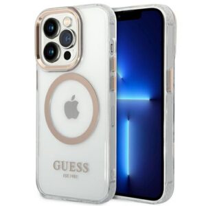 Guess MagSafe dėklas iPhone 14 Pro – skaidrus/auksinis