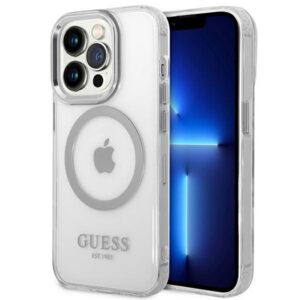 Guess MagSafe dėklas iPhone 14 Pro – skaidrus/sidabrinis