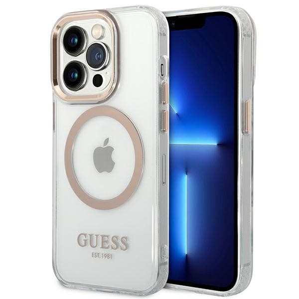 Guess Metal Outline MagSafe dėklas iPhone 14 Pro Max – skaidrus, auksinis