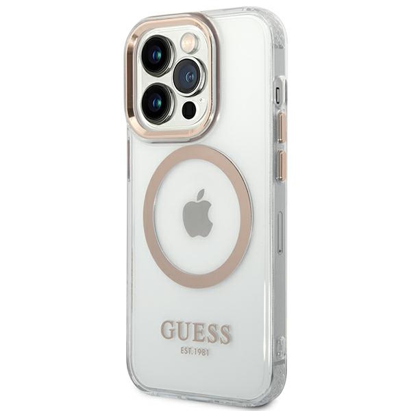 Guess Metal Outline MagSafe dėklas iPhone 14 Pro Max – skaidrus, auksinis