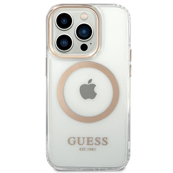 Guess Metal Outline MagSafe dėklas iPhone 14 Pro Max – skaidrus, auksinis
