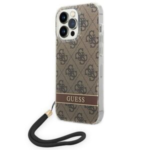 Guess 4G dėklas iPhone 14 Pro – rudas su dirželiu