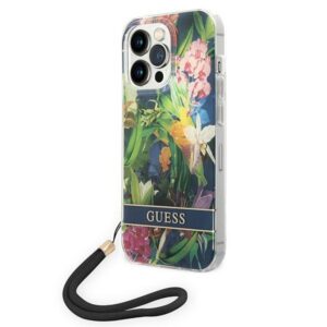 Guess dėklas iPhone 14 Pro – mėlynas, Flower Strap