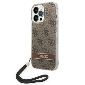 Guess dėklas iPhone 14 Pro Max – rudas su dirželiu