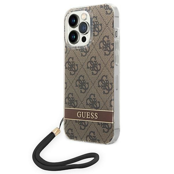 Guess dėklas iPhone 14 Pro Max – rudas su dirželiu