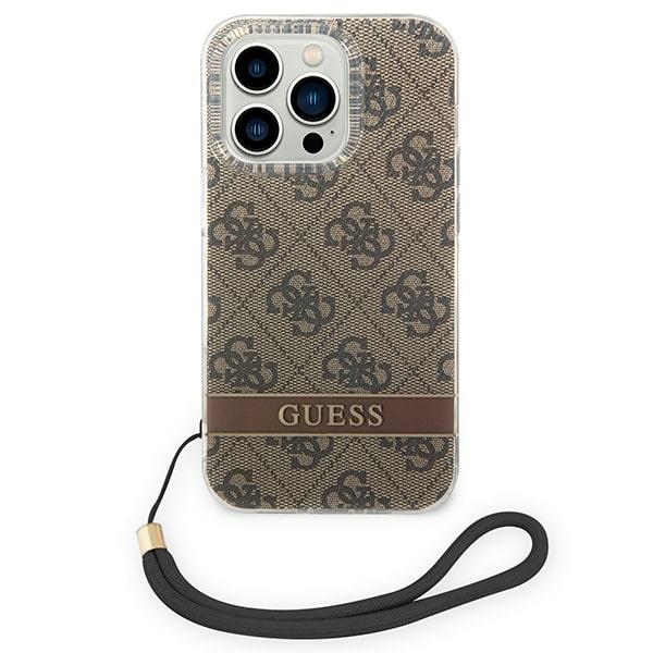 Guess dėklas iPhone 14 Pro Max – rudas su dirželiu