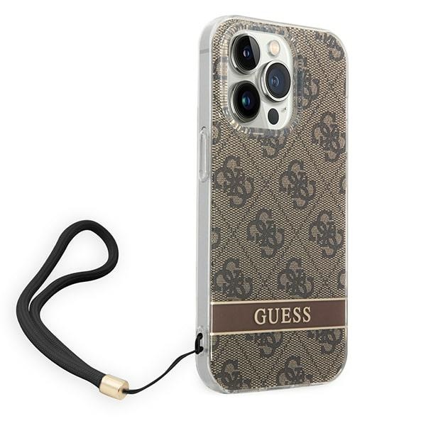 Guess dėklas iPhone 14 Pro Max – rudas su dirželiu