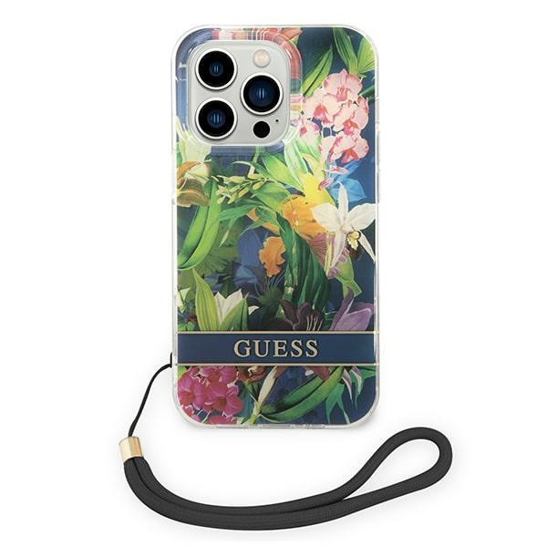 Guess dėklas iPhone 14 Pro Max – mėlynas su dirželiu