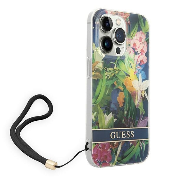 Guess dėklas iPhone 14 Pro Max – mėlynas su dirželiu