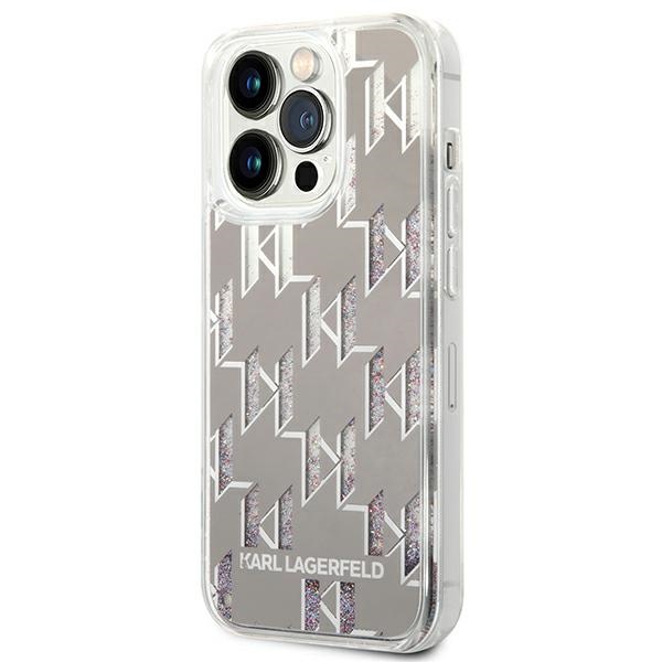 Karl Lagerfeld Liquid Glitter dėklas iPhone 14 Pro – sidabrinis