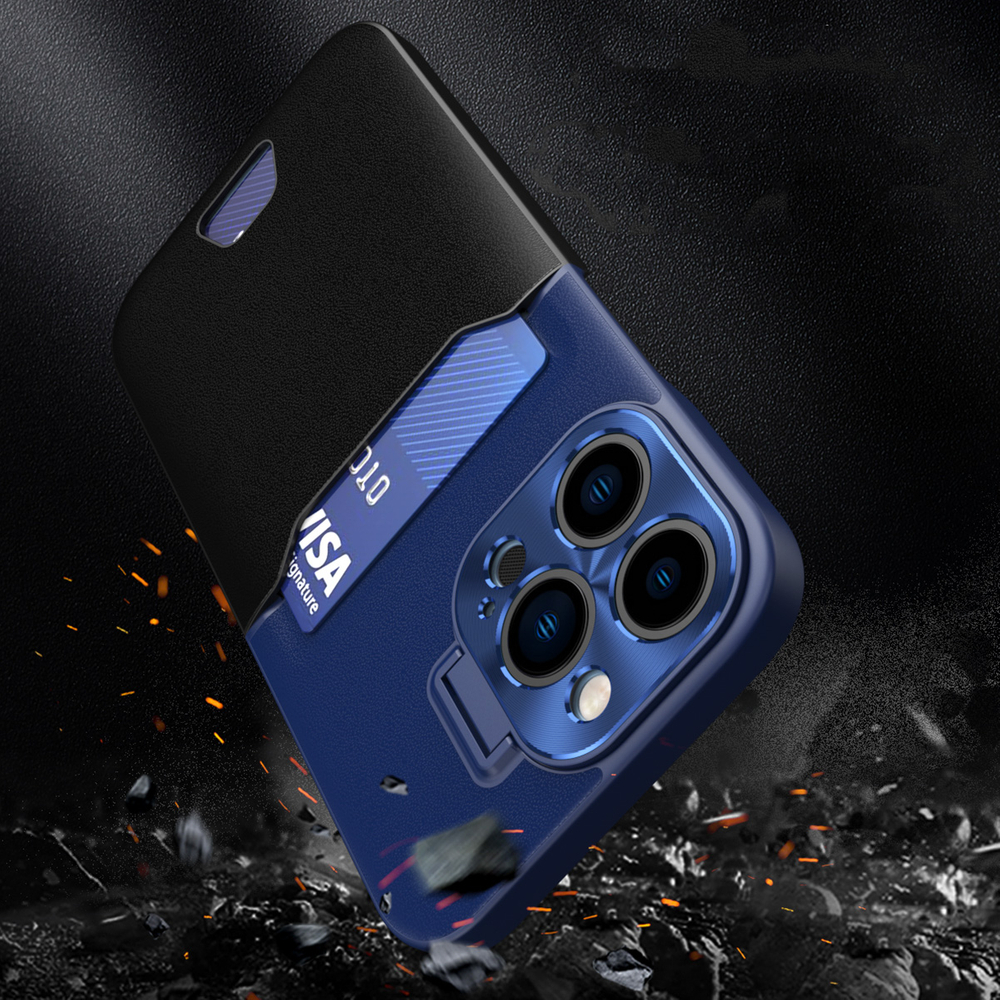 Dėklas iPhone 14 Pro su kortelės kišene ir stovu – mėlynas