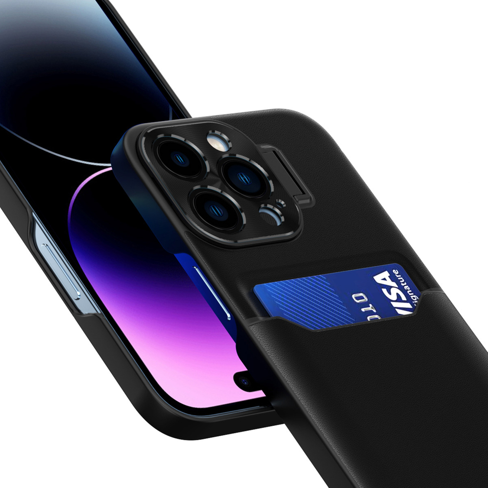 Odinis dėklas iPhone 14 Pro su kortelių kišene ir stovu – juodas