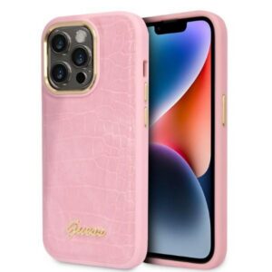 Guess Croco Collection dėklas iPhone 14 Pro – rožinis