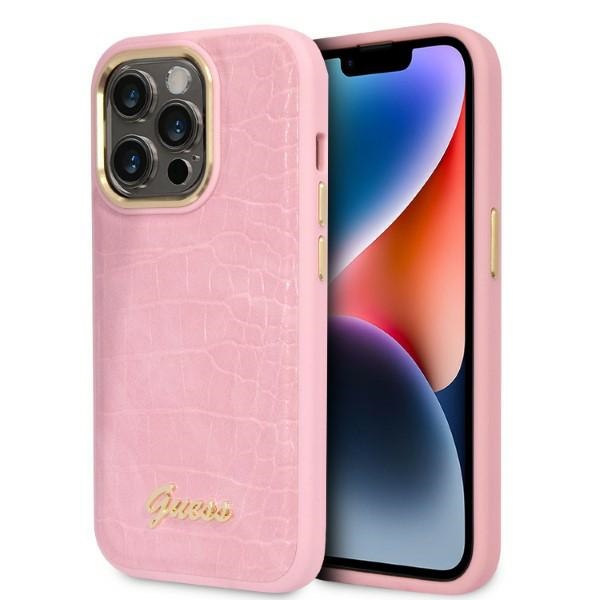 Guess Croco Collection dėklas iPhone 14 Pro – rožinis
