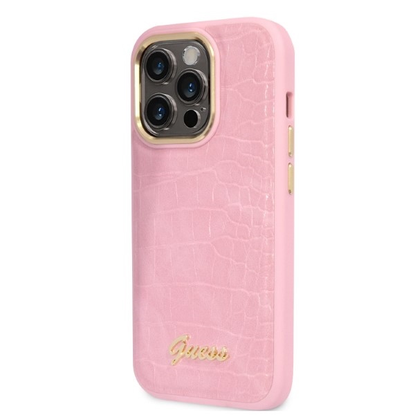 Guess Croco Collection dėklas iPhone 14 Pro – rožinis