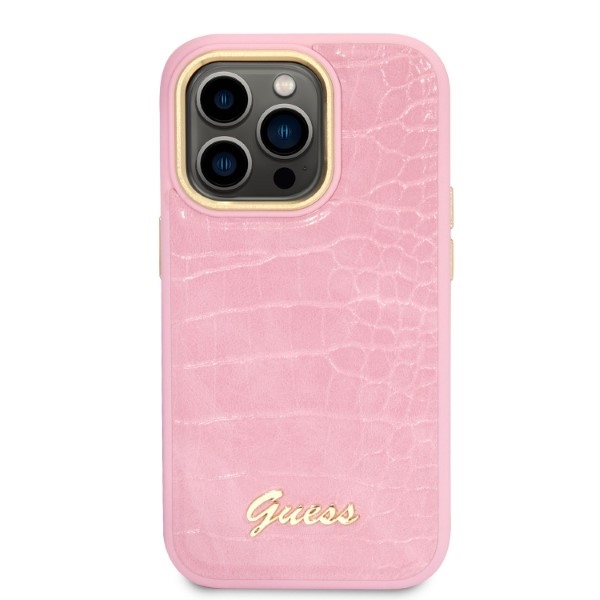 Guess Croco Collection dėklas iPhone 14 Pro – rožinis