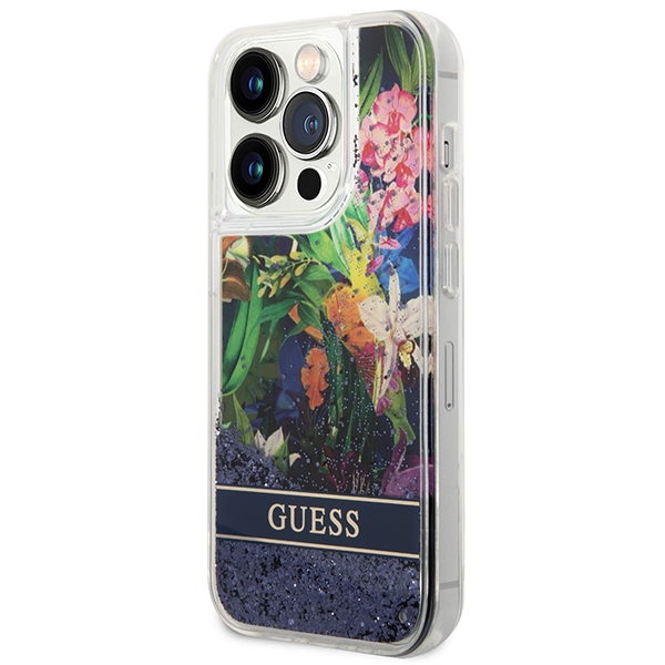 Guess dėklas iPhone 14 Pro Max – mėlynas, gėlės ir blizgučiai
