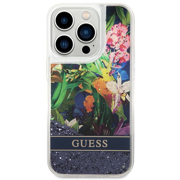 Guess dėklas iPhone 14 Pro Max – mėlynas, gėlės ir blizgučiai