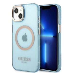 Guess Gold Outline Translucent MagSafe dėklas iPhone 13 – mėlynas