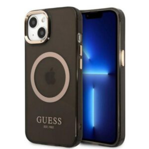 Guess MagSafe dėklas iPhone 13 – juodas, auksiniai akcentai