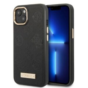 Guess MagSafe dėklas iPhone 13 – juodas (Peony Logo Plate)