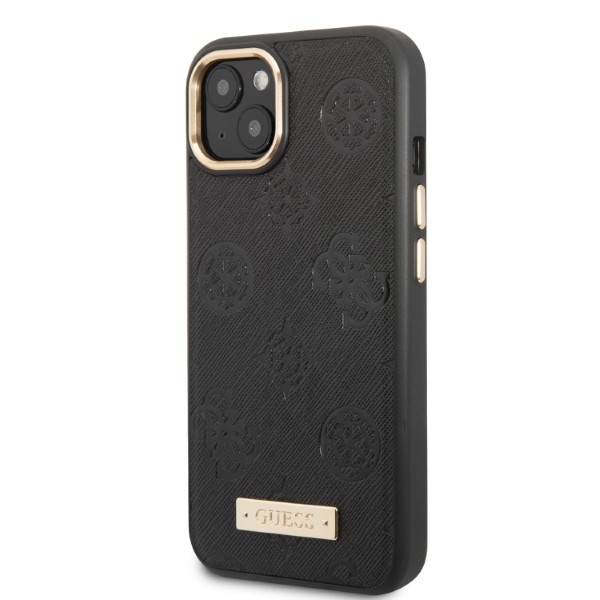 Guess MagSafe dėklas iPhone 13 – juodas (Peony Logo Plate)