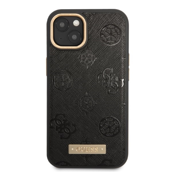 Guess MagSafe dėklas iPhone 13 – juodas (Peony Logo Plate)