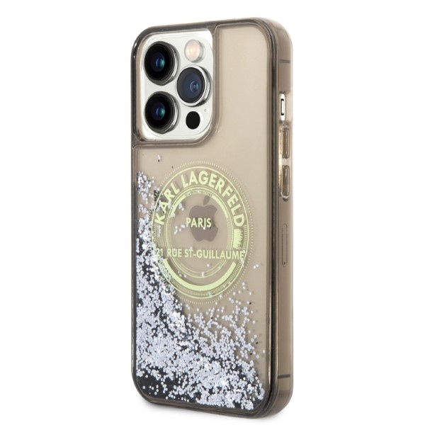 Karl Lagerfeld Liquid Glitter RSG dėklas iPhone 14 Pro Max – juodas