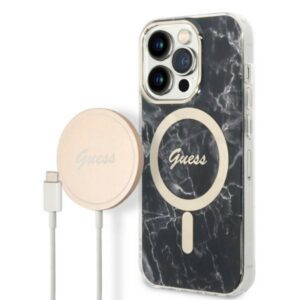 Guess Marble MagSafe dėklo ir įkroviklio rinkinys iPhone 14 Pro – juodas