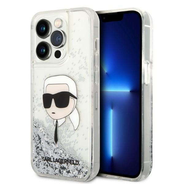 Karl Lagerfeld Liquid Glitter dėklas iPhone 14 Pro – sidabrinis